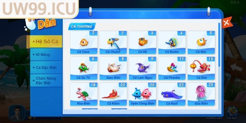 Vũ khí của game bắn cá Bá Chủ Đại Dương 3D UW99