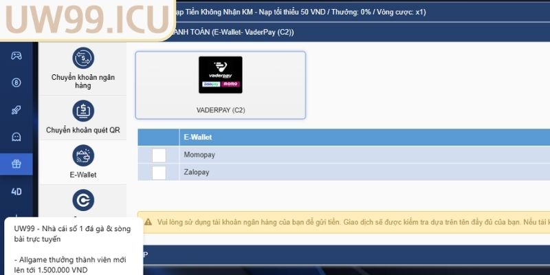 Cách thức gửi vốn đặt cược UW99  thông qua ví điện tử